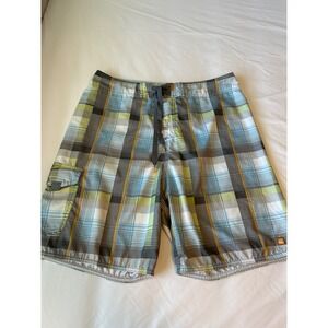 Quiksilver Plaid Board Shorts Mens Size 36 Cargo Pocket Swim Trunks Blue Gray
